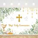 MEHOFOND First Holy Communion Backdrop Green Eucalyptus Leaves God Bless Baptism Photography Background Golden Cross Baptism Christening Party Decorations Newborn Shower Birthday Party Banner 7x5ft