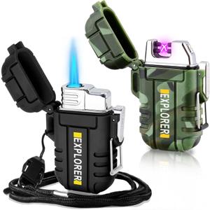 2 Pack Waterproof Lighter Outdoor Windproof Torch Lighters Dual Arc Butane Electric Lighters USB Rechargeable Lighters Flameless Plasma Lighter Camping Hiking Adventure Survival Tactical Gear