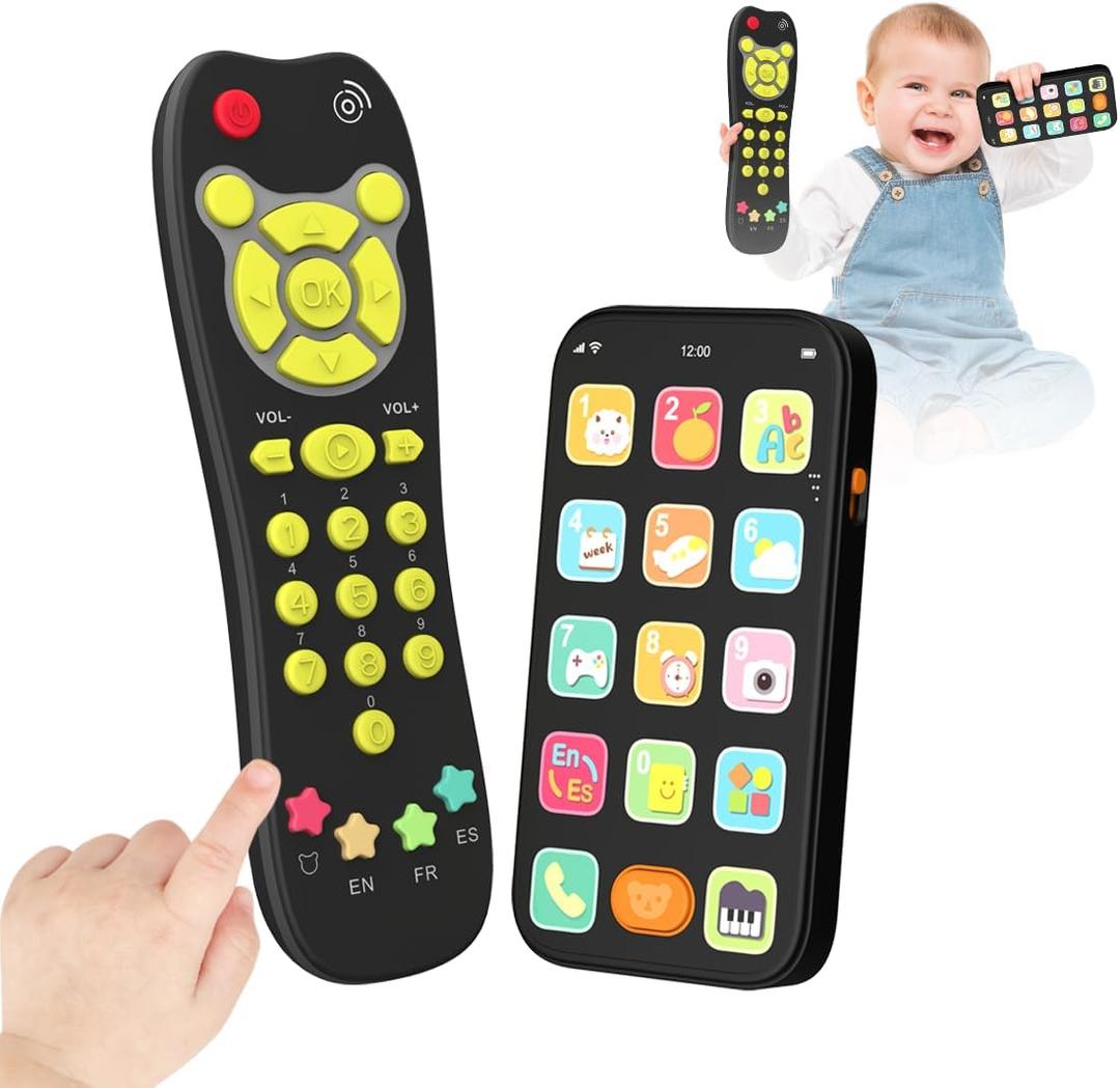 Toy Phone Baby Remote Control Toy Set, Play Phones TV Remote Control with Music Light for 6+ Months, Early Learning Baby Toys Gift for 1 Year Old Boys Girls Kids Toddler Infant, English/Spanish, Black