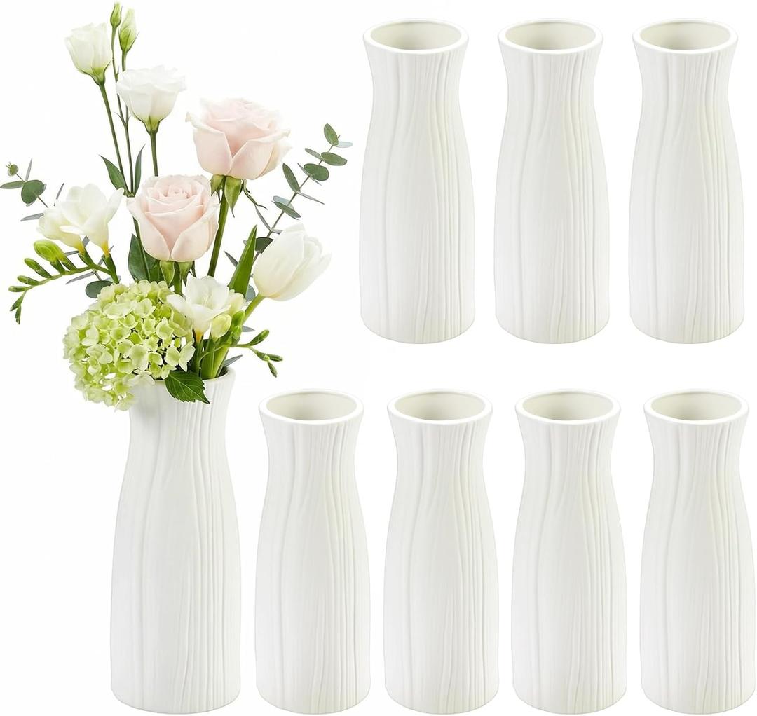 Qinyoung White Ceramic Bud Vase Set of 8, 8'' Small White Flower Vase for Centerpieces Floral Decor for Wedding Party Dining Table Home Decoration(Trendy)