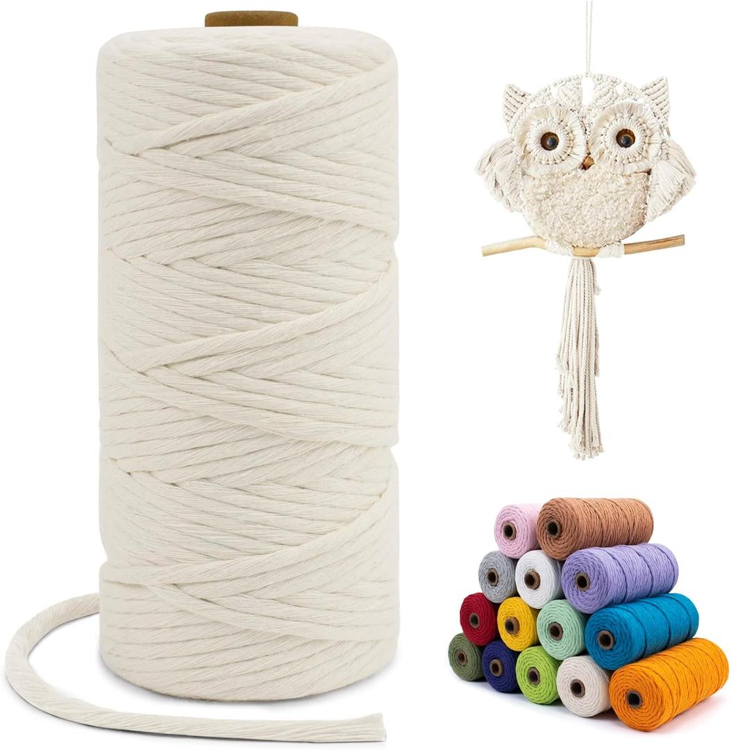 Single Strand Macrame Cord 3mm x 110yards, Natural 3mm Macrame Cord Natural Cotton Macrame Rope Yarn, Thick Cotton Cord for Wall Hangings, Plant Hangers, DIY Crafts, Home Decorations