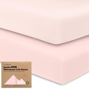 2Pack Waterproof Crib Sheets for Boys, Girls  52x28 Fitted Organic Cotton Baby Crib Sheets, Toddler Mattress Protector Cover, Washable, Soft & Durable Baby Bedding Essentials (Mist Rose)