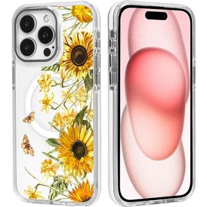 Case for iPhone 15 Pro Max, Compatible with MagSafe, Yellow Sunflowers for Shockproof Protective, Slim Hard PC+TPU Cute Bumper Magnetic Clear Case for iPhone 15 Pro Max - White