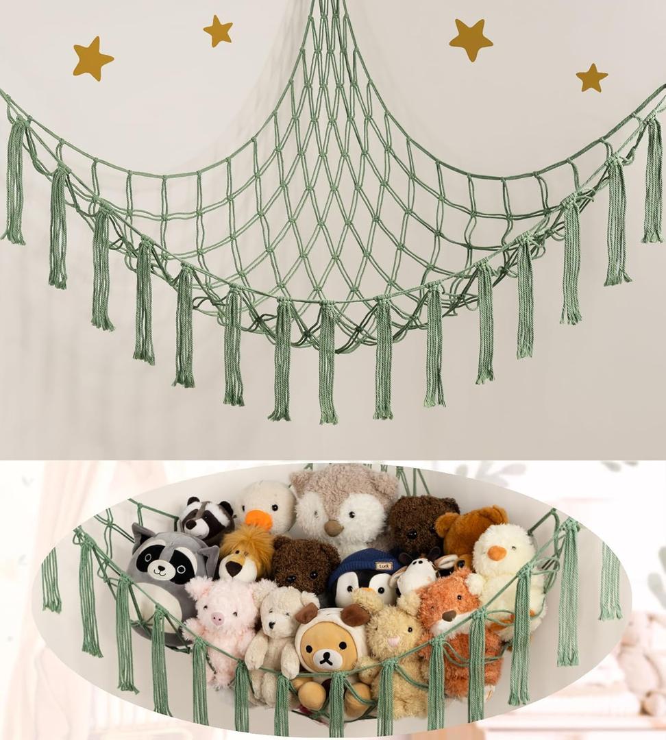 Stuffed Animal Storage Hammock or Net - Large Toy Hammock Net for Stuffed Animals Corner - Hanging Stuff Animal Organizer Holder Ideas for Plush - Baby Nursery Wall Bedroom Room Decor (Olive Green)