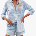 OMSJ Women's Striped Button Down Shirts Casual Long Sleeve Stylish V Neck Blouses Tops with Pockets, Size Small