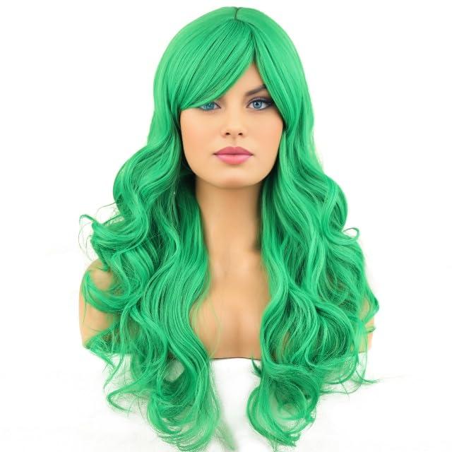 RightOn Green Wig Long Curly Green Wig with Bangs for Women Daily Party Hairnet Include