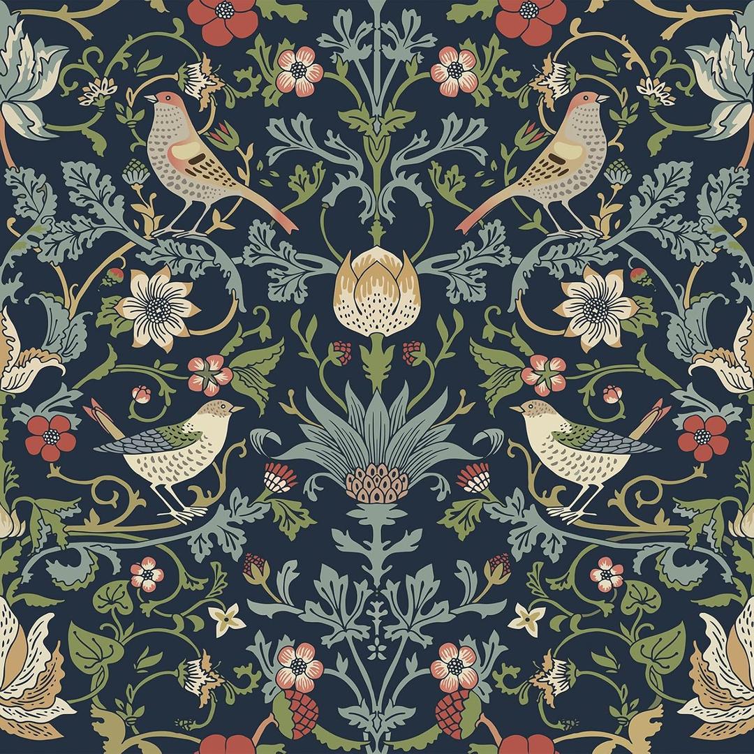 FunStick Navy Blue Floral Wallpaper Peel and Stick Vintage William Morris Green Leaf Bird Red Strawberry Victorian Wallpaper for Bathroom Waterproof Floral Contact Paper for Walls Cabinets 17.5"x118"