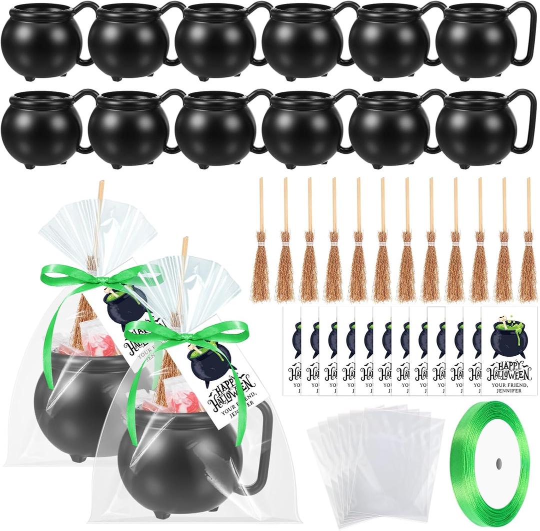 12 Set Halloween Witch Themed Party Favors Include Mini Plastic Candy Cauldrons Witch Brooms Card Ribbon Bags for DIY Crafts Trick or Treat Halloween Birthday Party Gifts Decorations