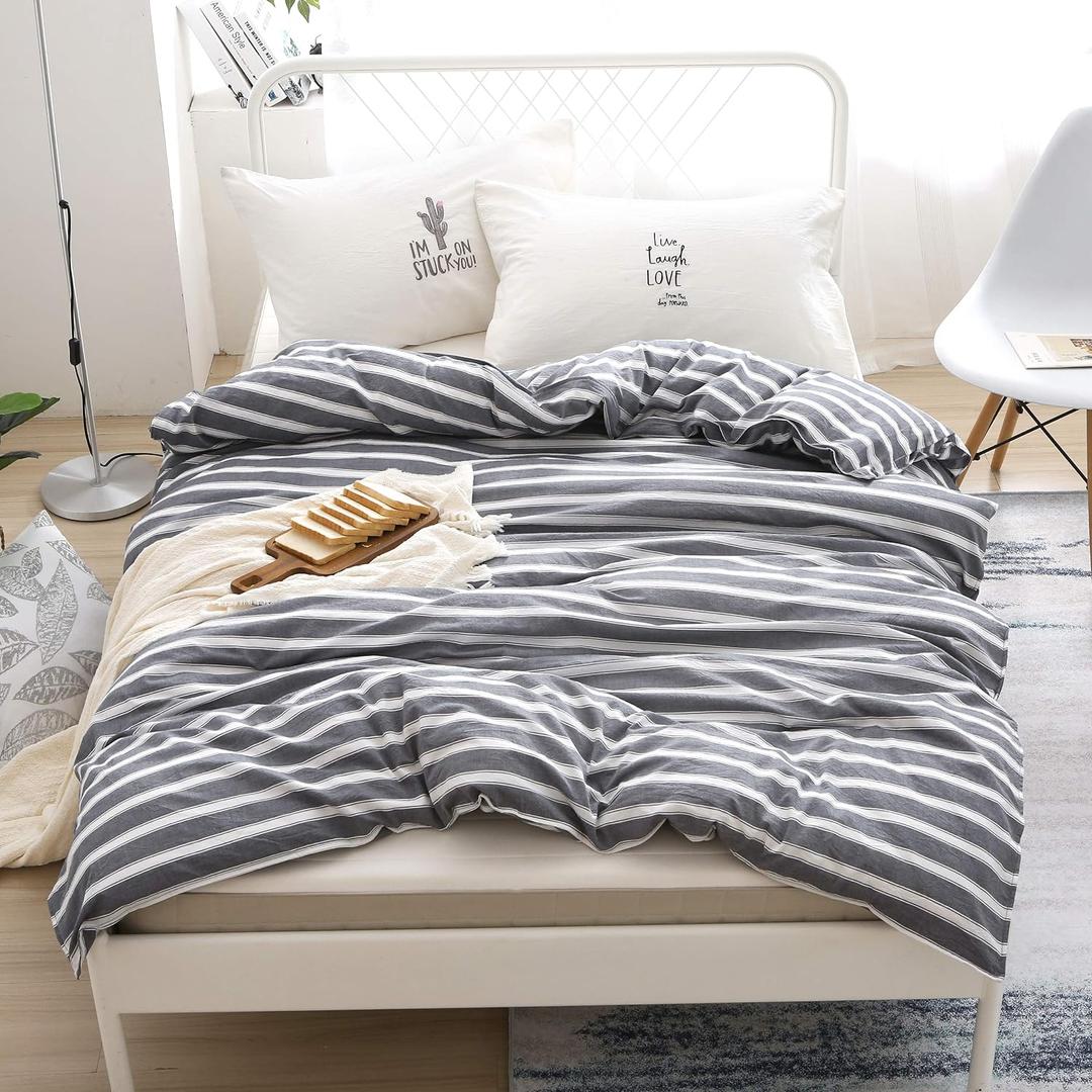 F.Y.Dreams 100% Washed Cotton Duvet Cover for Weighted Blanket 80x87 inches with 8 Ties, Zipper on Long Side/Stripe Grey/Just Duvet Cover