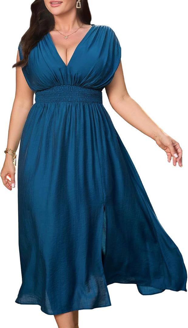 Womens Plus Size Dresses Short Sleeve V Neck Casual Dress Elastic Waist Flowy A Line Long Maxi Dresses 3XL Blue (Blue, XXXL)