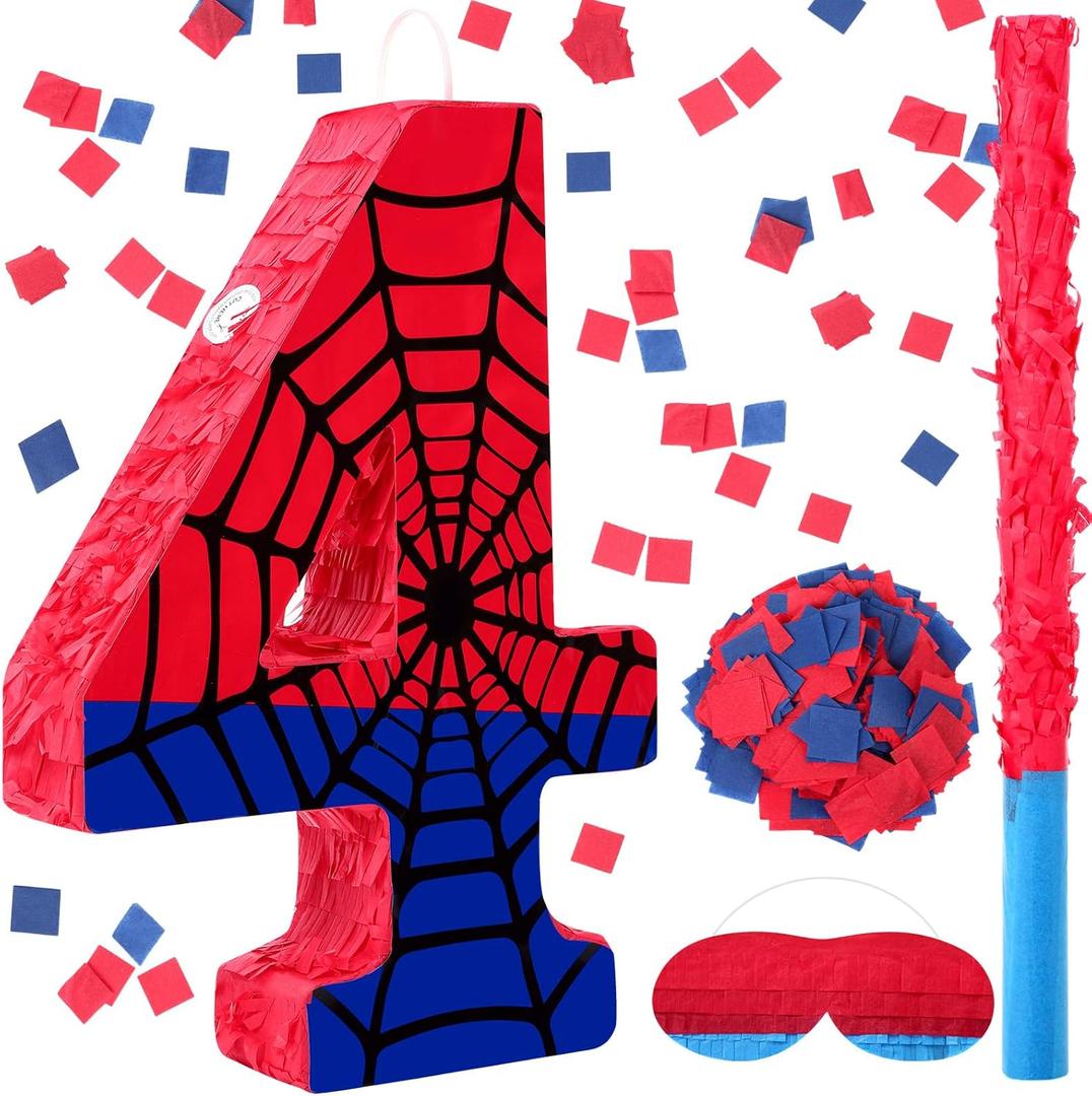 Number 4 Spider Web Piata Bundle with Blindfold Small Piata for Kids Birthday Party Decoration Mexican Fiesta Cinco De Mayo Anniversary Celebration Gift, 15.75 x 11 x 2.8 In(Red Blue)