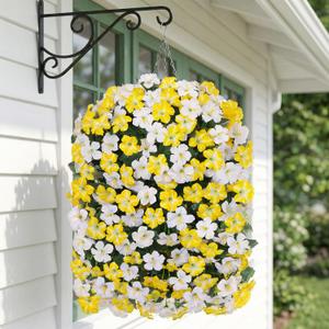 HyeFlora Artificial Flowers with Basket for Outdoors, 3pcs Faux Hanging Morning Glory Silk Fake Flowers Lifelike Plants UV Resistant Flowers for Outside Planter Patio Garden Porch Decor (Yellow)