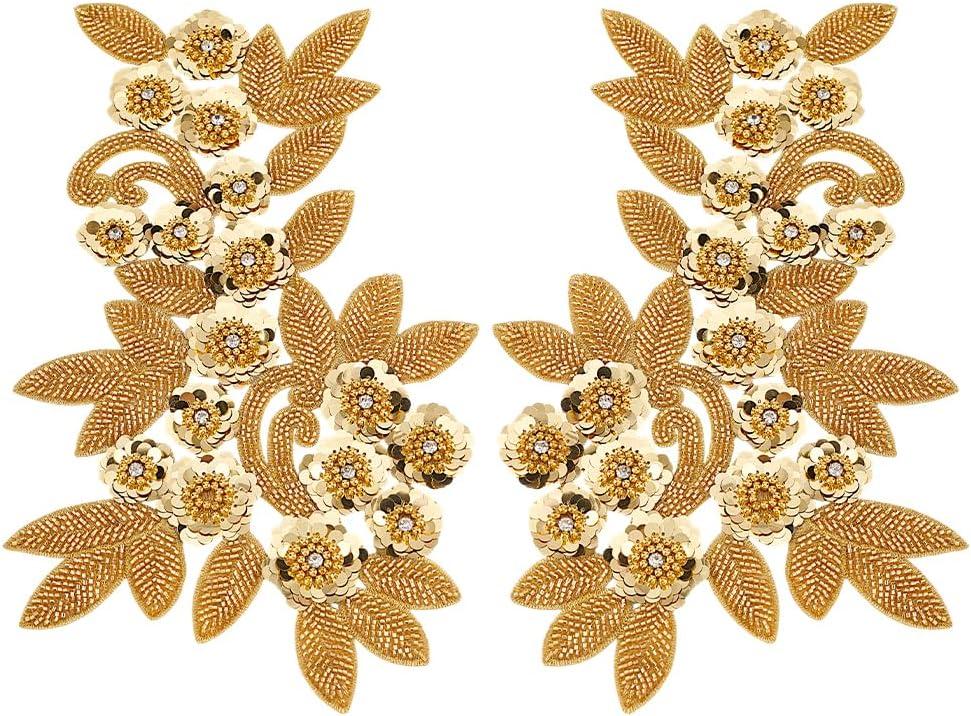 MAYJOYDIY 1 Pair Gold Sequin Flower Lace Appliques, 3D Flower Beaded Embroidery Sew On Patches for Sewing, Wedding Dress Embellishment, Gown Decor, Clothing DIY
