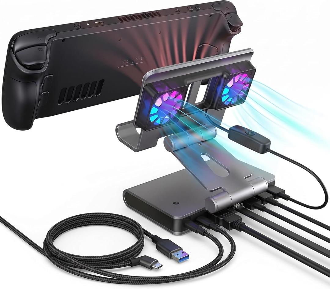 6-in-1 Gaming Docking Station, Built-in Cooling Fan & RGB Light, 4K@60Hz HDMI, Gigabit Ethernet, 100W PD Charging, Adjustable Stand, Portable Dock for Steam Deck, ROG Ally, Legion Go