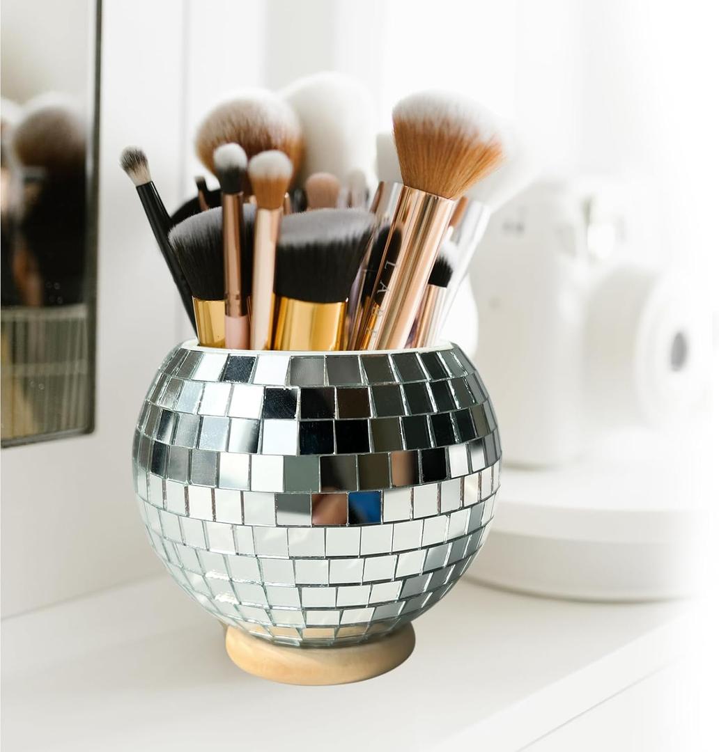 FlidRunest Disco Makeup Brush Organizer Mirror Ball Cosmetic Brush Cup, Reflects Light Unique Storage Holder for Counter, Dresser, Bedroom