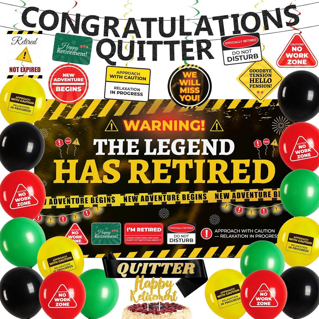 Retirement Party Decorations for Coworker, Funny Warning Theme Happy Retirement Decorations with Banner, Balloons & Cake Topper for Office Farewell, Retirement Decors for Men