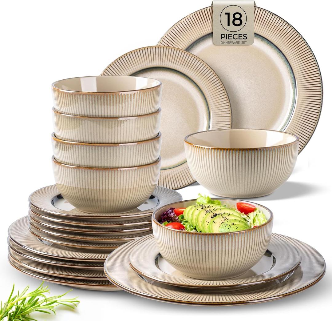 GBHOME Ceramic Dinnerware Sets, 18 Piece Embossed Elegant Stoneware Plates and Bowls Sets, Housewarming Wedding Gift | Dishwasher & Microwave Safe | Dishes Set Service for 6 (Pale Khaki)