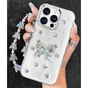 Toycamp for iPhone 16 Pro Case - for Women Girls Cute Girly Kawaii 3D Butterfly Flowers Floral Design with Charm Butterflies Wrist Chain Phone Cover Aesthetic Unique Cases for iPhone 16 Pro 6.3 Inch