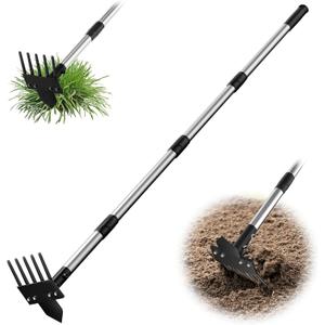 2-in-1 Heavy-Duty Weed Puller Tool with 5-Tine Rake  30" to 60" Adjustable Handle, Hoes for Gardening, Hoe Garden Tools for Loosening Soil, Planting, Weeding