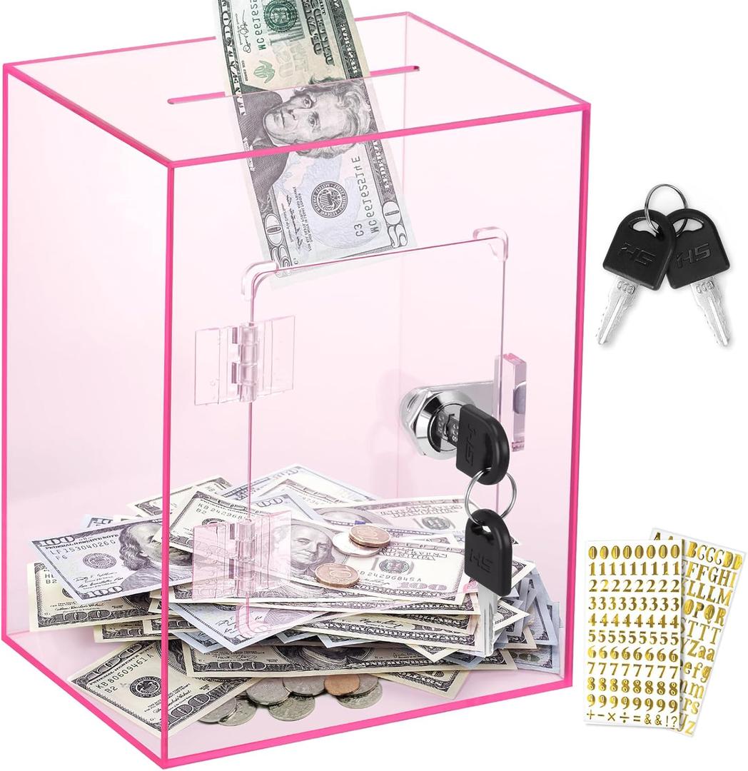 X-Large Piggy Bank for Adults Kids, Vcertcpl Acrylic Clear Piggy Bank with Key Money Saving Box for Cash Saving, Openable Adults Bank for Real Money Bank Coin Bank Change Jar (Pink)