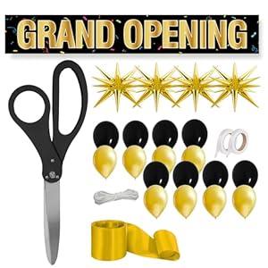 Black Ribbon Cutting Ceremony Kit - 25 Inch Scissors for Grand Opening Gold Satin Ribbon Gold Star Balloons and Grand Opening Banner for Inaugurations Special Events Ceremonies