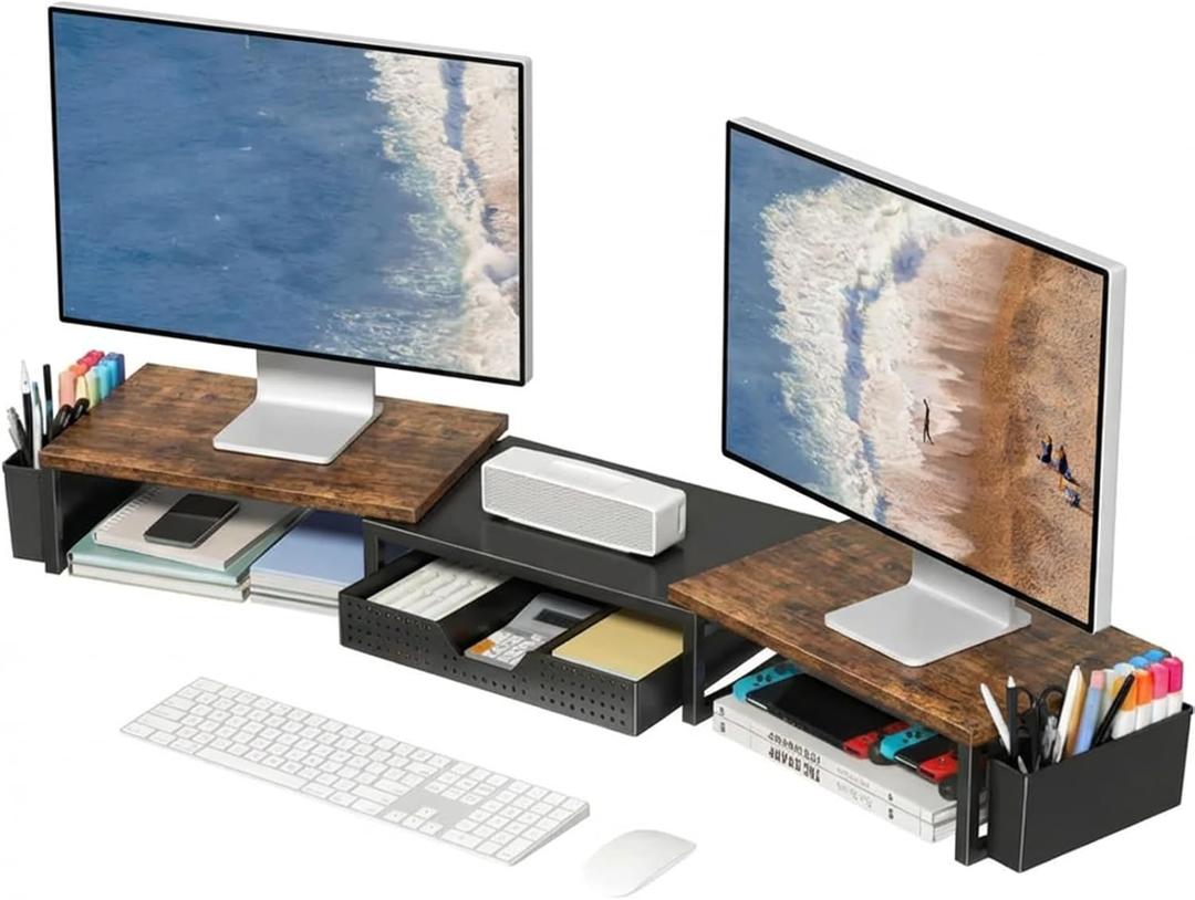 OPNICE Desk Organizers and Accessories, Dual Monitor Stand Riser with Drawer and 2 Pen Holders, Desk Shelf Wood Computer Racks for Office Workspace Organizers, Desktop Organization (Rustic Brown)