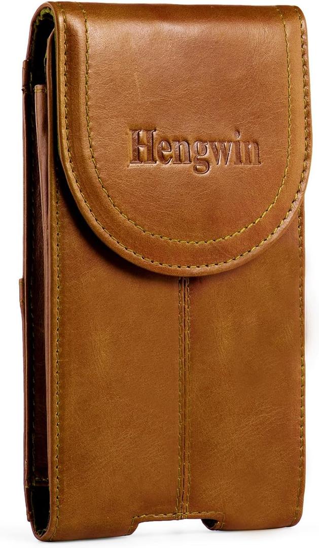 Hengwin Genuine Leather Cell Phone Holster Belt Pouch Phone Case with Belt Clip Fits for iPhone 16 Pro Max 16 Plus 15 Pro Max 15 Plus 14 Pro Max 13 Pro Max Samsung A15 A54 S24 Ultra S25 Ultra (Yellow)