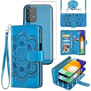 Asuwish Phone Case for Samsung Galaxy A52/A52S 5G Zipper Wallet Detachable Cell Cover with Tempered Glass Screen Protector Crossbody Strap Flower Card Holder A 52 S 4G G5 52A S52 52S Women Girls Gray