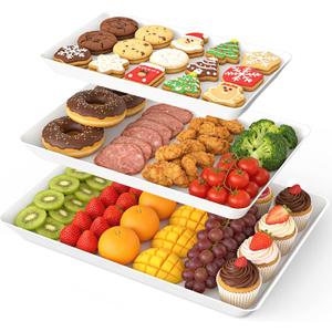SpaceWhisper 3 Pack Serving Tray, White Rectangular Appetizer Platters for Party, Catering, Buffet, Large Reusable Serving Dishes for Snacks, Fruit, Dessert, 3 Size Set 16 * 11", 14 * 9", 12 * 7"