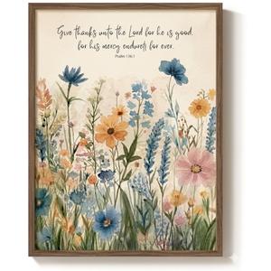 Framed Christian Wall Art, Wildflower Bible Verse Canvas Picture, Vintage Botanical Pastel Neutral Beige Scripture Decor Psalm 136:1 for Bedroom Living Room Nursery, 12x16 Inch