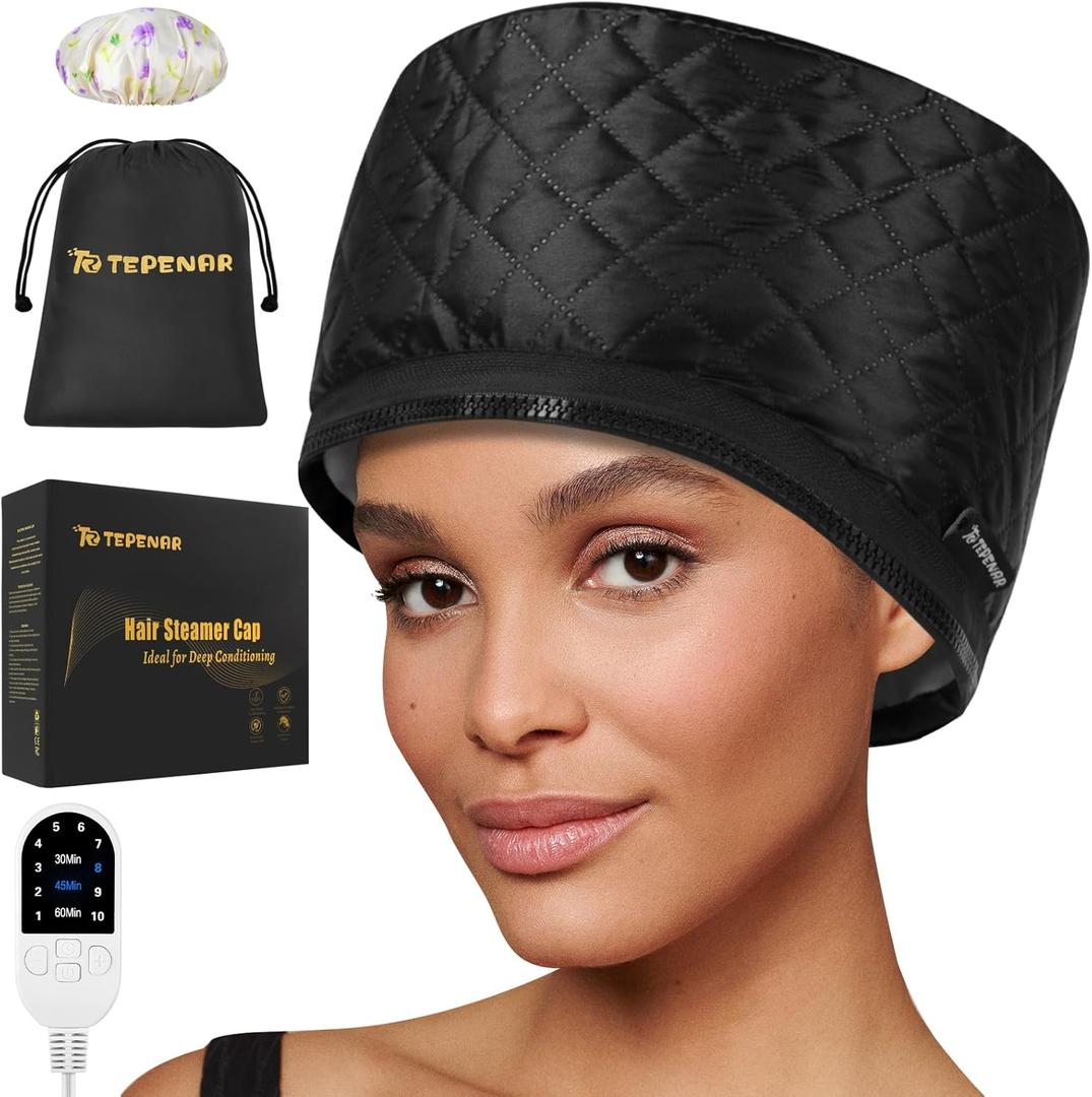 TEPENAR Hair Steamer for Deep Conditioning: Upgraded Heat Cap with 10-Level Fast Heating 3 Time Settings for Natural Hair Portable Thermal Steam Cap for Home Hair Treatment (Standard, Black)