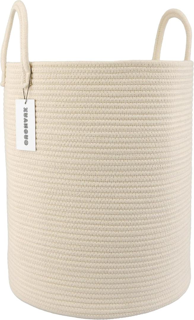 XUANGUO Cotton Rope Laundry Basket Hamper for Clothes Woven Storage Basket for Living Room Bedroom Boho Tall Rope Baskets for Blanket Toys Pillow Towels Baby Nursery Hamper Bin beige (Regular)