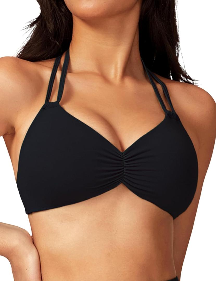 AJISAI Womens Halter Bikini Top Triangle V Neck Bathing Suit Top Low Impact Padded Sports Bra (Black, M)