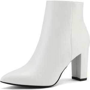 DREAM PAIRS Women's Chunky Heel Ankle Booties Pointed Toe Short Boots (5, White/Pu)