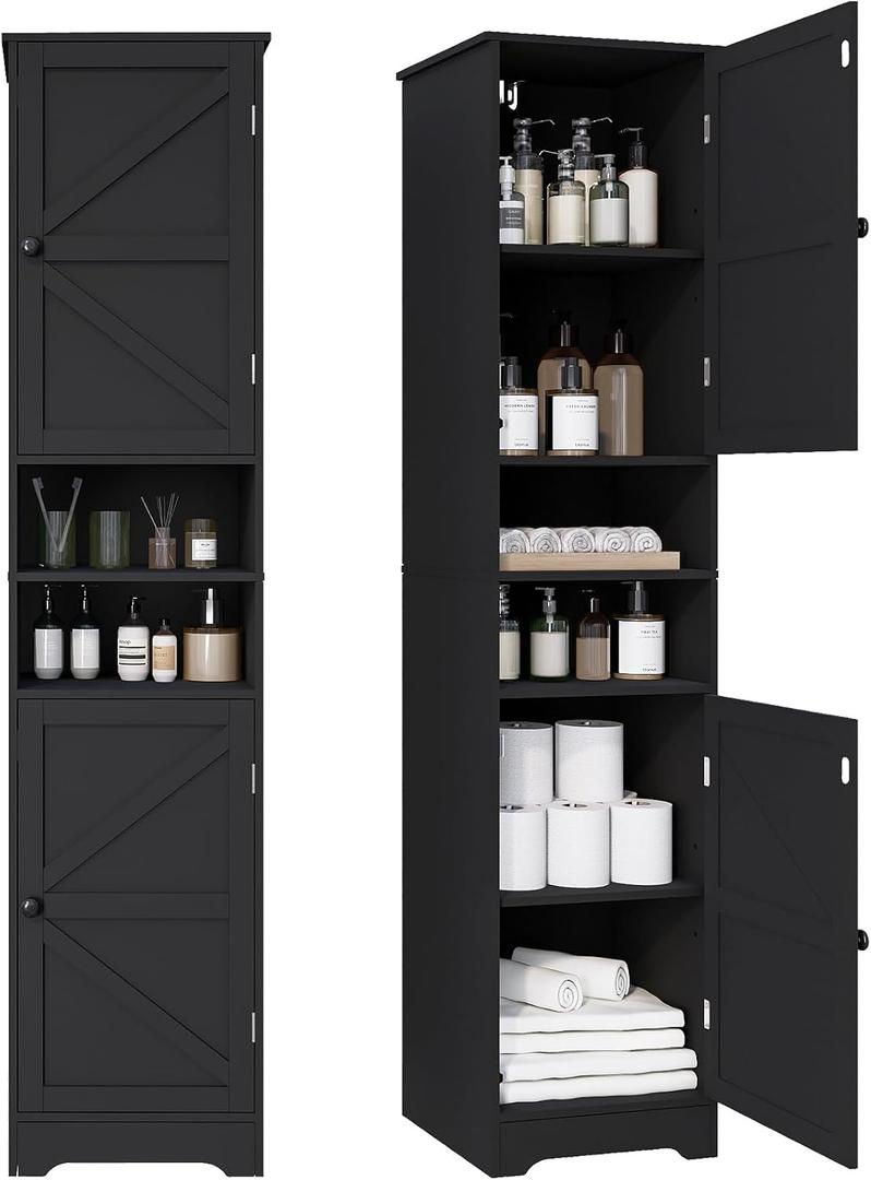 Tall Bathroom Storage Cabinet, Vertical Freestanding Organizer with Adjustable Shelf, Slim Design for Small Bathrooms, Towels & Toiletries Storage Black