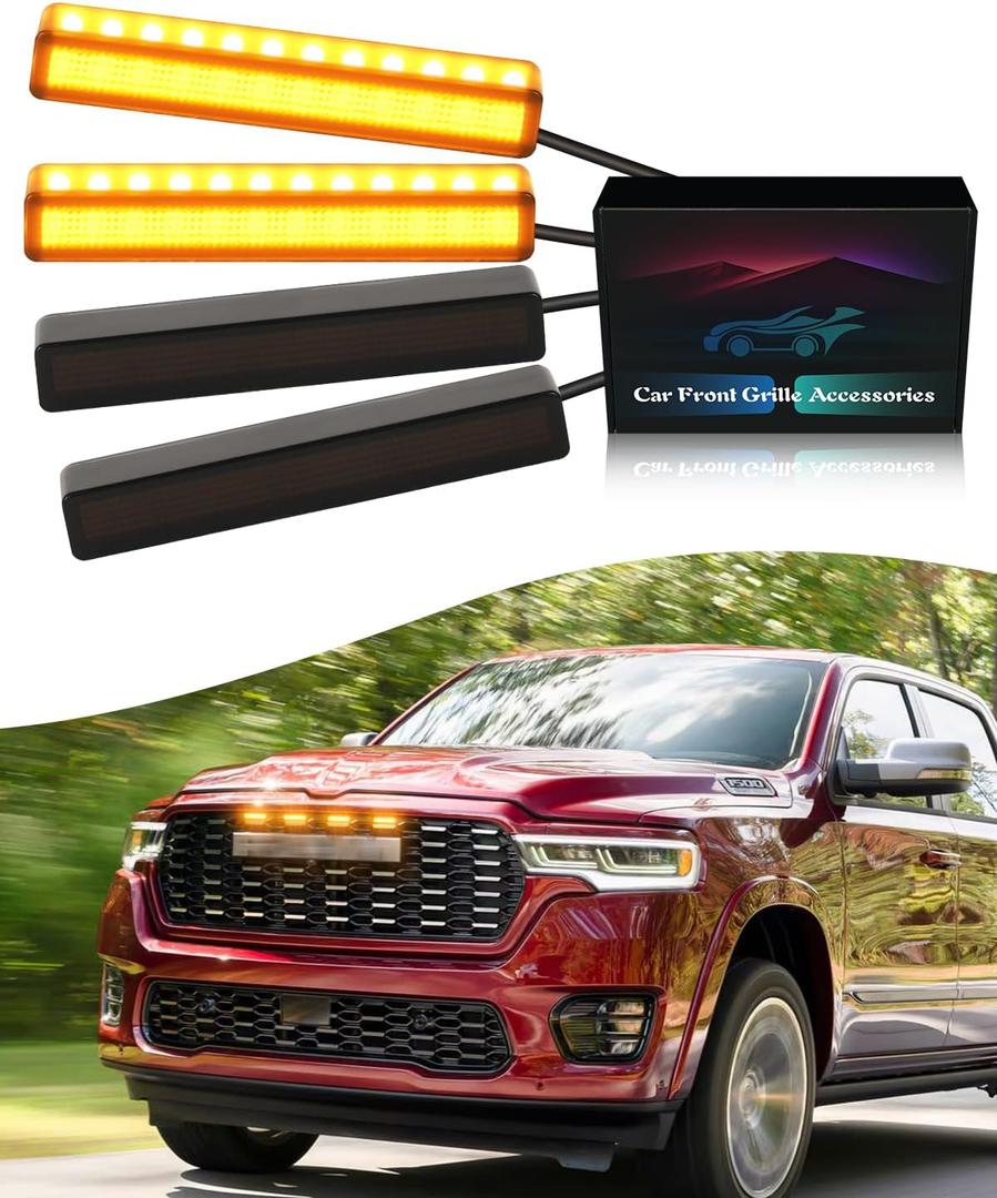 LED Grill Lights for Dodge Ram 2025 2024-2019 Grille Raptor Lights Ram 1500 2500 3500 Accessories Front Grille Trims,4pcs (Yellow)
