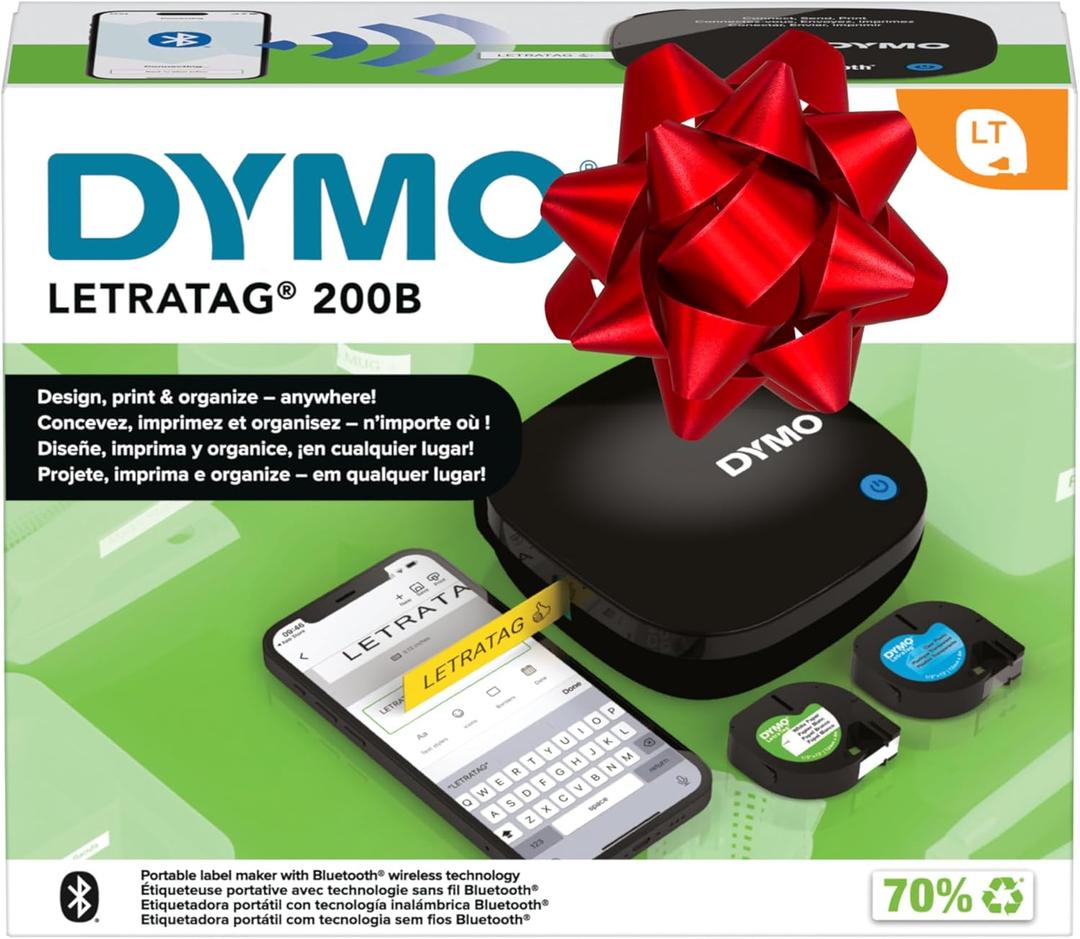 DYMO LetraTag 200B Bluetooth Compact Label Maker, Value Pack, Wireless Connection to iOS and Android, Includes 3 Assorted Label Tapes