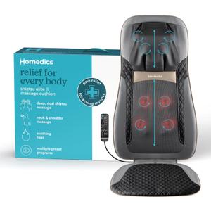 HoMedics Back Massager with Heat, Shiatsu Elite II Heated Neck and Back Massage Cushion. 3 Different Massage Styles and 3 Massage Zones. Comes with Controller and Chair Straps