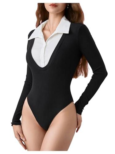 MakeMeChic Women's 2 in 1 Colorblock Collared Long Sleeve Button Front Knitted Leotard Bodysuit Tops Black Small