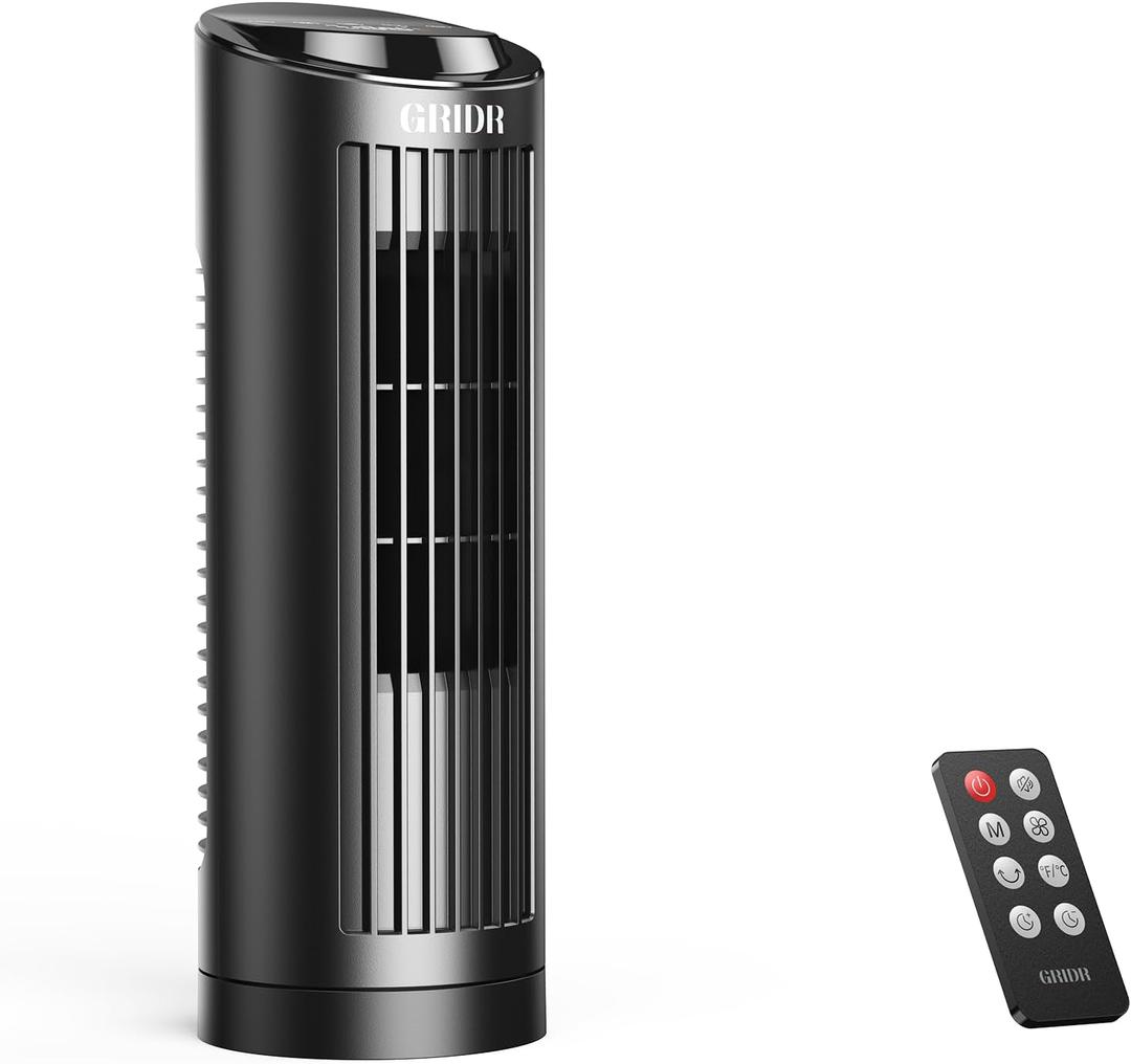 GRIDR Tower Fan Bladeless with 3 Speeds, 4 Mode [AI, Normal, Natural, Sleep], Table Fan 80° Oscillation, Touch Screen + Remote Control, 12H Timer, 13" Desk Fan for Bedroom Home Office Desktop-Black