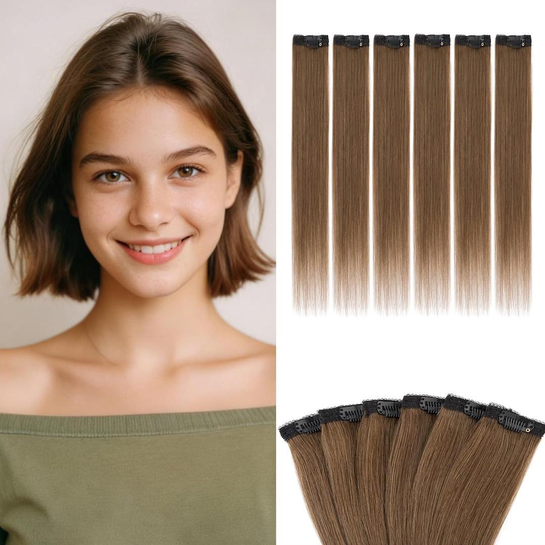 Benehair 6 PCS Clip in Short Hair Extensions 100% Real Human Hair Seamless & Invisible for Women Instant Volume Highlight Length for Daily Use 10'' Medium Brown#04