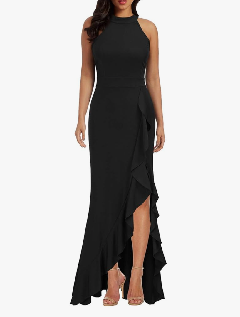 WOOSEA Women's High Neck Split Bodycon Mermaid Evening Cocktail Long Dress, L, Black