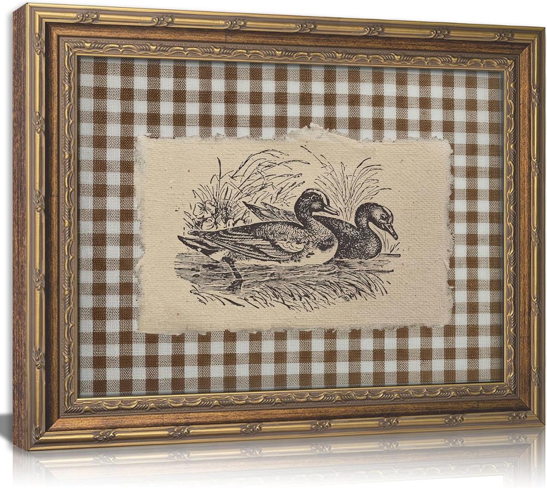 Vintage Gold Framed Wall Art, Brown Gingham Sketch Ducks Canvas Prints, Retro Rustic Farmhouse Animal Picture Wall Decor, Country Cottagecore Goose Poster Artwork for Living Room Bedroom