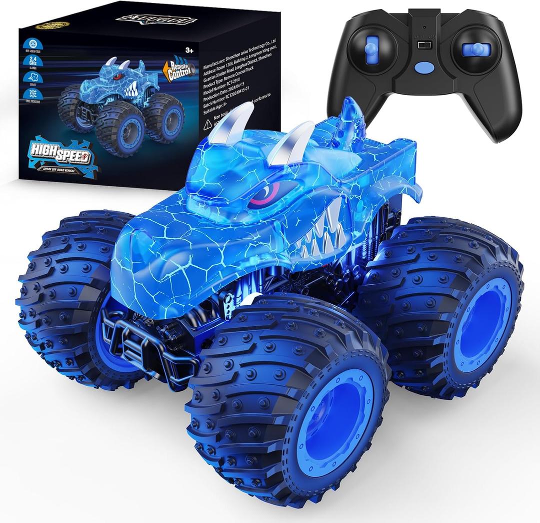 Remote Control Car, 2.4GHz Monster Trucks Toys with Light Spray, Birthday Gift for Kids 3 4 5 6 7 8, All Terrain RC Cars, Toddler Toys for Boys Girls 3+ Year Old (Dinosaur-Blue)