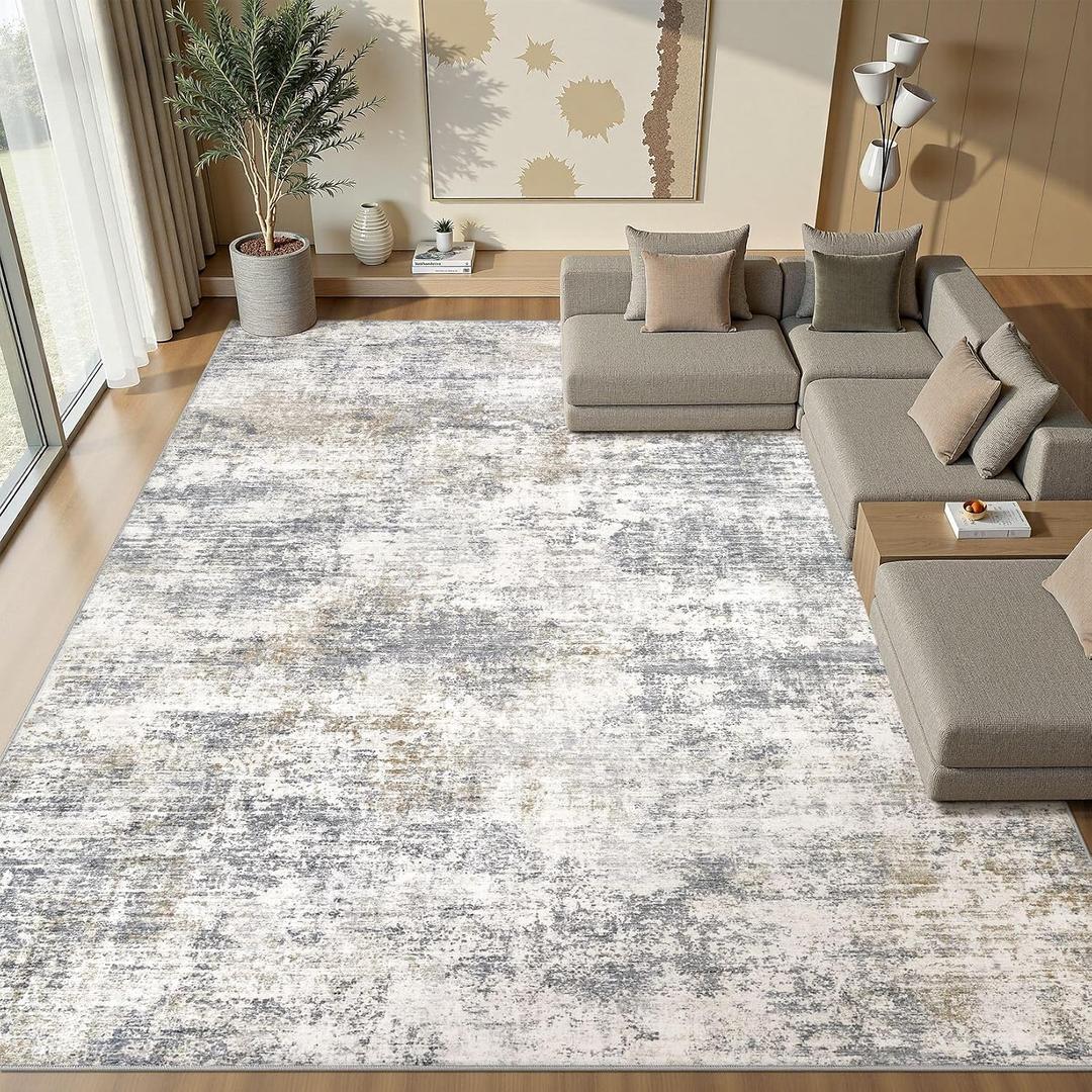 10x13 Area Rugs for Living Room: Washable Large Neutral Abstract Rug Soft Non Slip Stain Resistant Low Pile Indoor Carpet for Bedroom Dining Room Nursery Office Playroom - Grey White Brown