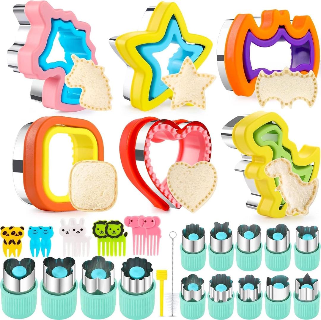 32PCS Sandwich Cutter and Sealer Set Sandwich Cutter for Kids, Vegetable Fruit Cutter Shapes with Food Picks for Kids School Lunch Bento Box Accessories Cookie Cutters