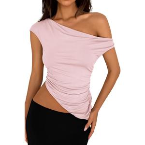PRETTYGARDEN Womens 2025 Summer Off The Shoulder Crop Cute Tops Sleeveless One Shoulder Ruched Y2K Going Out Tank Top (Pink, Large)