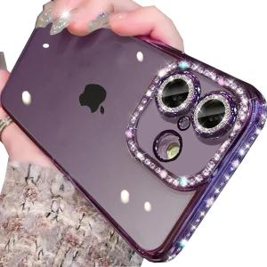 Clear Glitter Case for iPhone 17,Cute Luxury Bling Sparkly Diamond Rhinestones with Camera Lens Protector Soft TPU Plating Bumper Slim Transparent Women Girls Case for iPhone 17 6.3" (Purple)