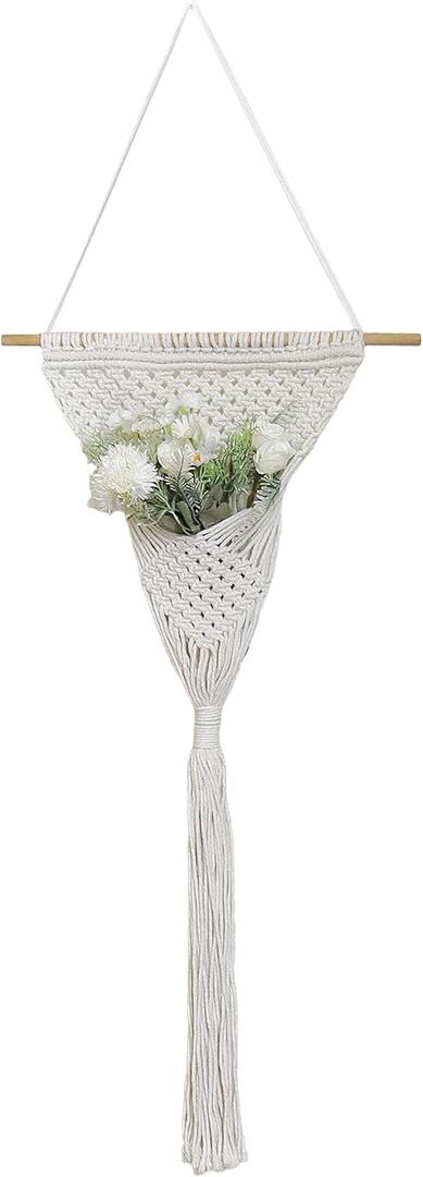 GYASVWU Cotton Rope Boho Wall Decor, Macrame Wall Hanging Decor, White Wall Art with Woven Pocket, Woven Wall Decor for Dried Flower Storage/Pampas Grass Decor/Living Room Decor/Bedroom Decor (White)