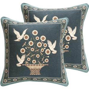 Green Throw Pillow Covers Set of 2,French Farmhouse with White Birds and Flowers Pattern Linen Pillowcases,Decorative Square Pillows Cushion Covers for Couch Sofa Bed Chair,18x18 Inches